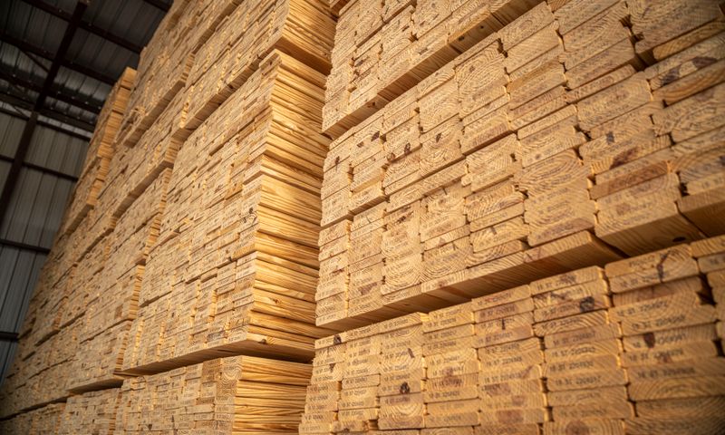 Stacks of lumber and plywood boards in a warehouse
